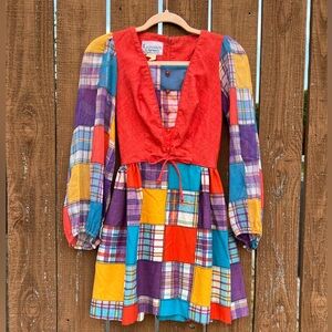 60s 70s VTG California Charmer Faux Patchwork Mini Dress Balloon Sleeve